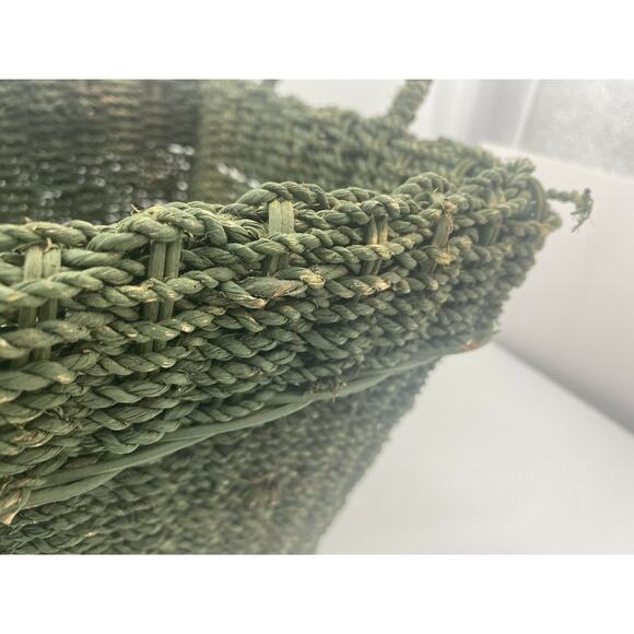 Vintage Jute Wicker Rattan Magazine Rack Handled Holder MCM Book Storage Basket - Picture 9 of 12